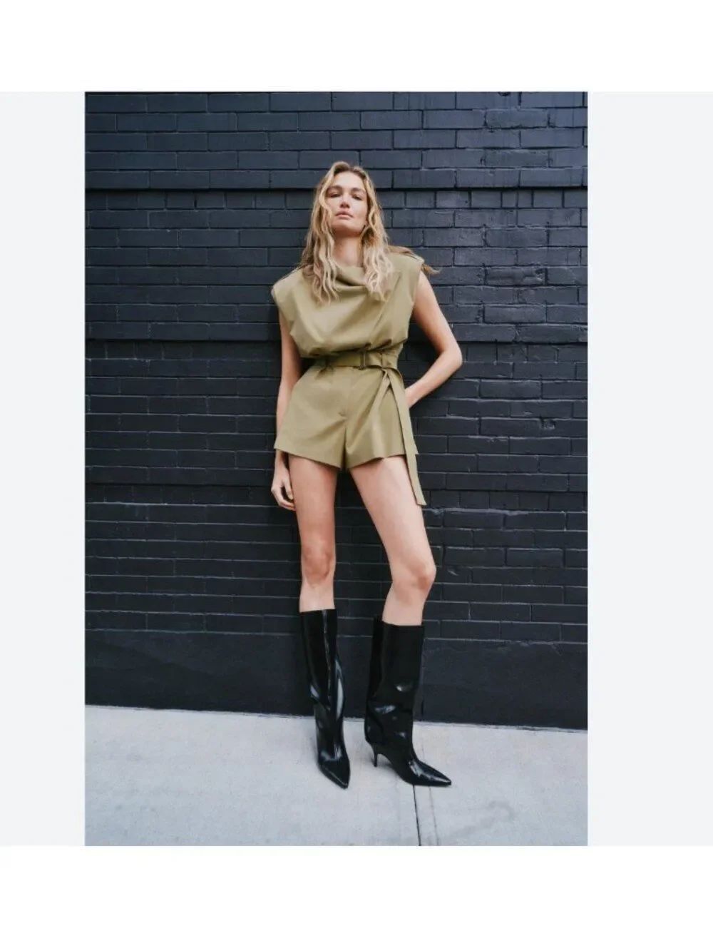 Zara Women Playsuit Romper XS Khaki Shoulder Pad Belted Sleeveless 3152/237 NWOT